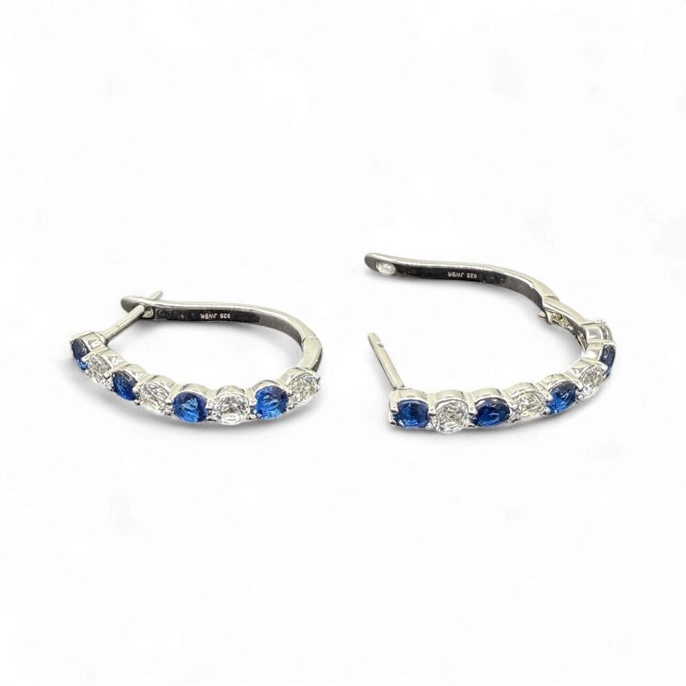 Blue Sapphire White Sapphire Leverback Earrings 925 Sterling Silver Hoop Huggie - Picture 6 of 8
